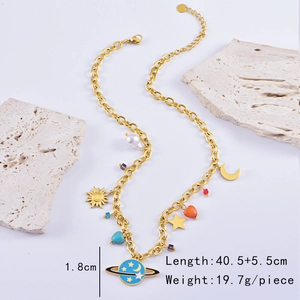 Detail view of planet necklace showing dimensions 40.5+5.5cm and 1.8cm width