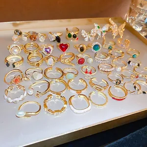 Gold plated dragon-style adjustable rings with pearls and colorful zircons jewelry set