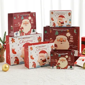 Christmas Gift Bags White Cardboard Handbags With Handles Santa Claus Reindeer Patterns Holiday Party Favors Festive Decor