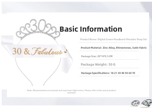 Detail of 30 & Fabulous white satin sash and silver rhinestone crown birthday set
