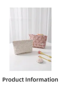 Close-up of corduroy makeup bag with delicate 3D lace flower embroidery and zipper detail