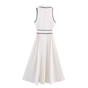 Robe chemisier élégante sans manches à pois avec col et ceinture pour femmes