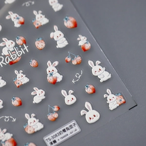 Embossed Japanese nail stickers featuring cute white rabbits and strawberries TS-3083