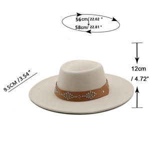 Beige wool felt flat top hat with studded leather band and 9.5cm brim size guide