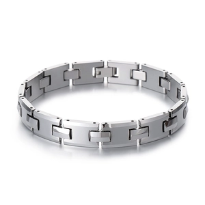 Polished silver stainless steel men's watch band style bracelet with link design