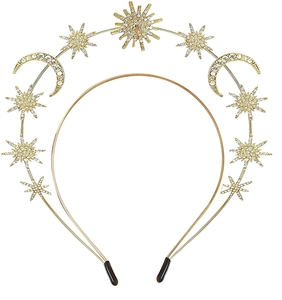 Detailed view of golden celestial tiara with crystal moon and star motifs on white background