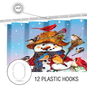 Detail of Christmas shower curtain featuring 0.4-inch metal eyelets and 12 plastic hooks