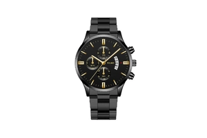 Detail of Yolako men's watch featuring black steel band and calendar dial with gold markers