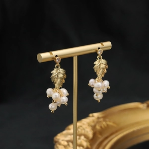 Vintage 18k gold plated grape cluster earrings with natural freshwater pearls and zircon