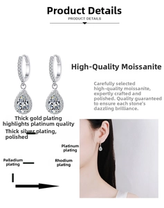 Detailed view of S925 sterling silver teardrop moissanite earrings with multi-layer plating