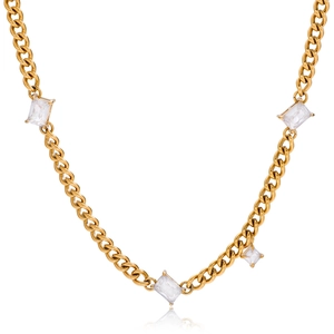 Gold plated stainless steel Cuban chain necklace with sparkling rectangular zircons