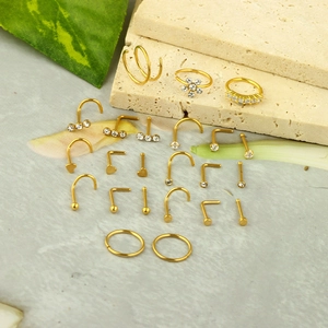 23-piece gold stainless steel nose ring set including L-shape, hoop, and crystal studs