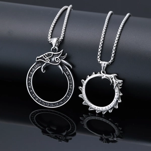 Vintage stainless steel dragon pendant necklaces with Nordic runes in silver finish