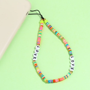 Handmade bohemian phone strap with colorful clay heishi beads and LOVE letter charms