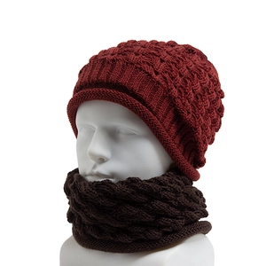 Ensemble d'hiver avec bonnet en tricot rouge foncé et écharpe tour de cou marron foncé