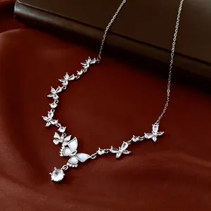 Elegant silver butterfly necklace with white mother of pearl and cubic zirconia stones