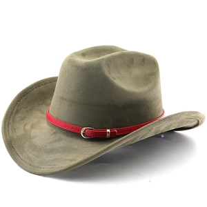Olivgrüner Western-Cowboyhut aus Wildlederimitat mit rotem Zierband und Goldschnalle