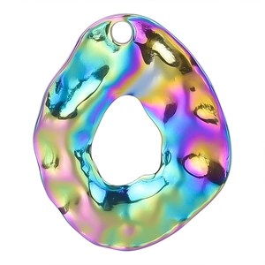 Irregular round rainbow stainless steel pendant with textured surface and 18k gold plating