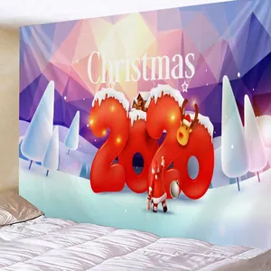 Christmas wall tapestry with Santa and reindeer hanging in a cozy bedroom setting