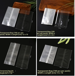 Detailed view of clear food-grade packaging bags in four sizes including 12x19cm and 11x26cm
