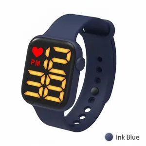 Detail view of the ink blue silicone strap and square LED screen on this digital sports watch