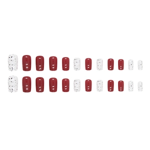 Glossy burgundy red and quail egg pattern medium square press-on nails set of 24 pieces