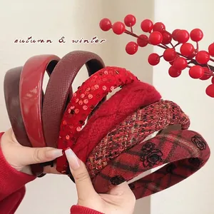 Vintage Red Headbands For Women Autumn Winter New Year Thick Padded Hair Hoops Leather Velvet Tweed Knit Elegant Accessories