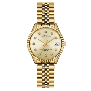 Classic gold women's watch with diamond markers and date window on champagne dial