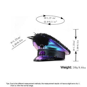 Close-up of purple holographic captain hat with measurements and black feather detail