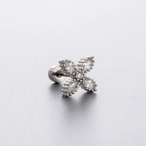 Polished titanium steel clover stud earring with marquise-cut zircon crystals and screw back