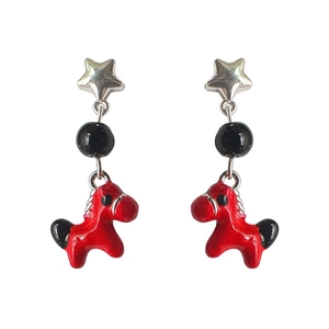 Star-shaped silver stud earrings with black bead and red pony enamel pendants