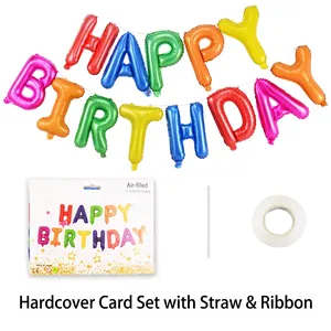 Colorful 16-inch Happy Birthday foil letter balloon set with ribbon and inflating straw