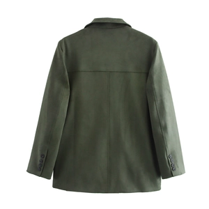 Detail view of dark green suede blazer back showing professional stitching and premium fabric