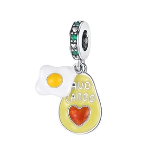 Silver avocado and fried egg charm with green crystals for DIY charm bracelets