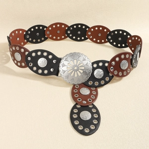 Bohemian PU leather belt with oval patches, metal studs and engraved buckle