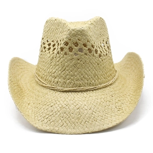 Classic straw cowboy hat with hollow ventilation and woven rope trim for sun protection