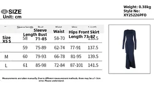 Size chart detail for the slim fit long sleeve ruffle dress showing precise measurements