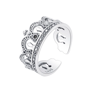 Bague couronne ajustable en argent sterling 925 vintage avec cristaux noirs fins