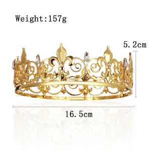 Golden fleur-de-lis king crown with crystal rhinestones for men wedding birthday party