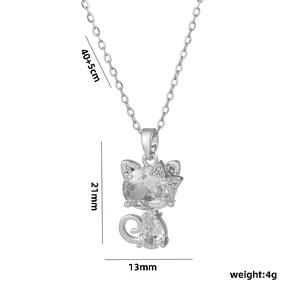 Silver cat pendant necklace with crystals, stainless steel chain, 40+5cm length