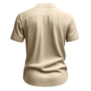 Detailed back view of men's linen short sleeve shirt showing fabric texture and seams