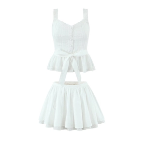 Haut Camisole En Coton Blanc Avec Bordure En Dentelle Et Mini Jupe Plissée Nœud Doux Bouton Devant Décontracté Femmes