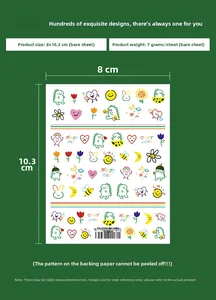 Detailed view of cartoon dinosaur nail stickers with precise dimensions and happy day motifs