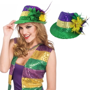 Ensemble chapeau et gilet de Mardi Gras pailleté violet vert et or avec plumes de fête