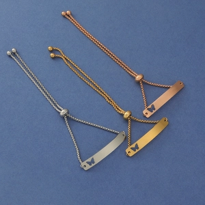 Adjustable stainless steel bracelets with hollow butterfly charm in three metal colors