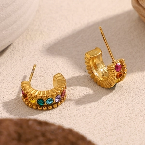 Luxury 18K gold plated C-shaped earrings with rainbow colored cubic zirconia stones