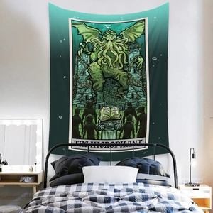 Detail of The Hierophant tarot tapestry in Cthulhu style for bohemian bedroom wall decor