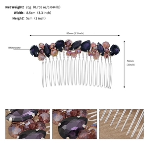 Dettaglio del pettine da sposa con cristalli viola, dimensioni 8,5 cm x 5 cm per l'acconciatura