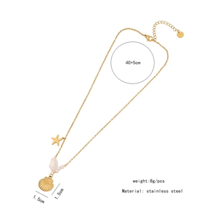 Detailed specs of stainless steel starfish necklace with pearls and shell charm