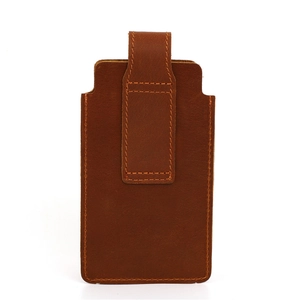 Rear view of brown crazy horse leather phone pouch showing belt loop and fine stitching